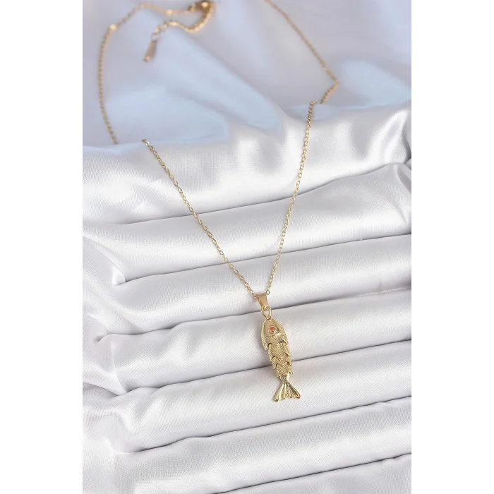 BUĞZ 316L Çelik Zincir Gold Renk Zirkon Taşlı Balık Figürlü Kolye