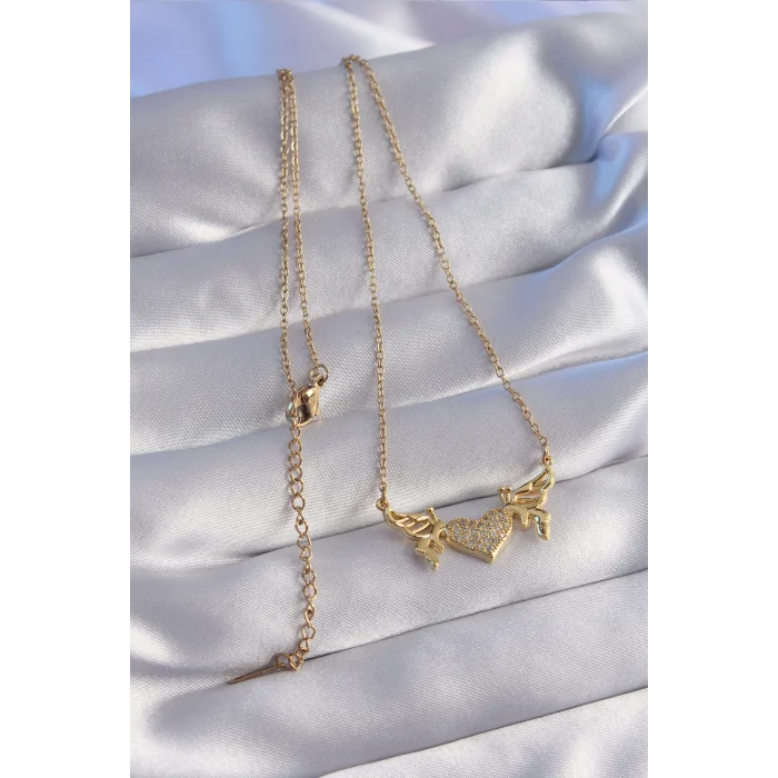 BUĞZ 316L Çelik Zincir Gold Renk Zirkon Taşlı Kalp Model Kelebek Detay Kolye - Lisinya