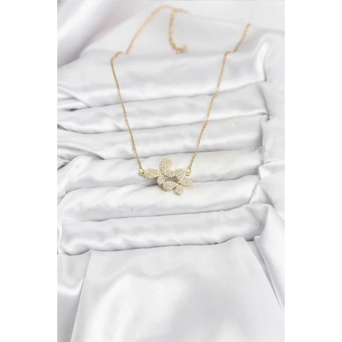 BUĞZ 316L Çelik Zincir Gold Renk Zirkon Taşlı Kelebek Model Kadın Kolye