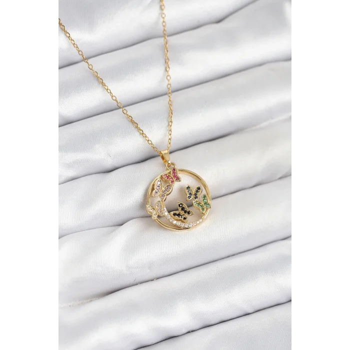 BUĞZ 316L Çelik Zincir Gold Renk Zirkon Taşlı Kelebekli Kadın Kolye