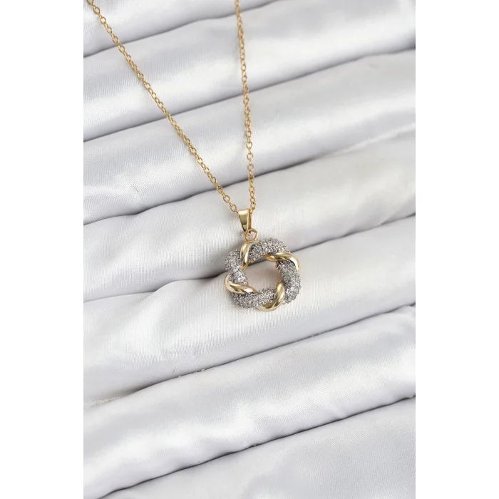 BUĞZ 316L Çelik Zincir Gold Renk Zirkon Taşlı Sarmal Model Kadın Kolye