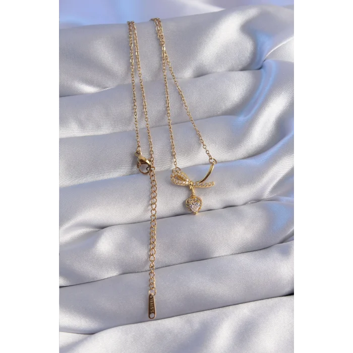 BUĞZ 316L Çelik Zincir Gold Renk Zirkon Taşlı Yarım Fiyonk Kalp Kolye - Lisinya