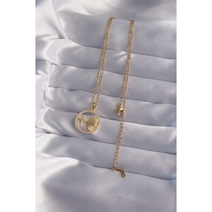 BUĞZ 316L Çelik Zincir Gold Renk Zirkon Taşlı Yıldız Figürlü Oval Kolye - Lisinya