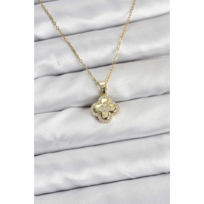 BUĞZ 316L Çelik Zincir Gold Renk Zirkon Taşlı Yonca Model Kadın Kolye