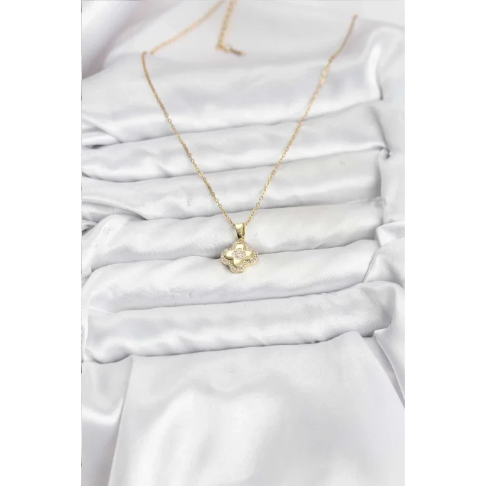 BUĞZ 316L Çelik Zincir Gold Renk Zirkon Taşlı Yonca Model Kadın Kolye