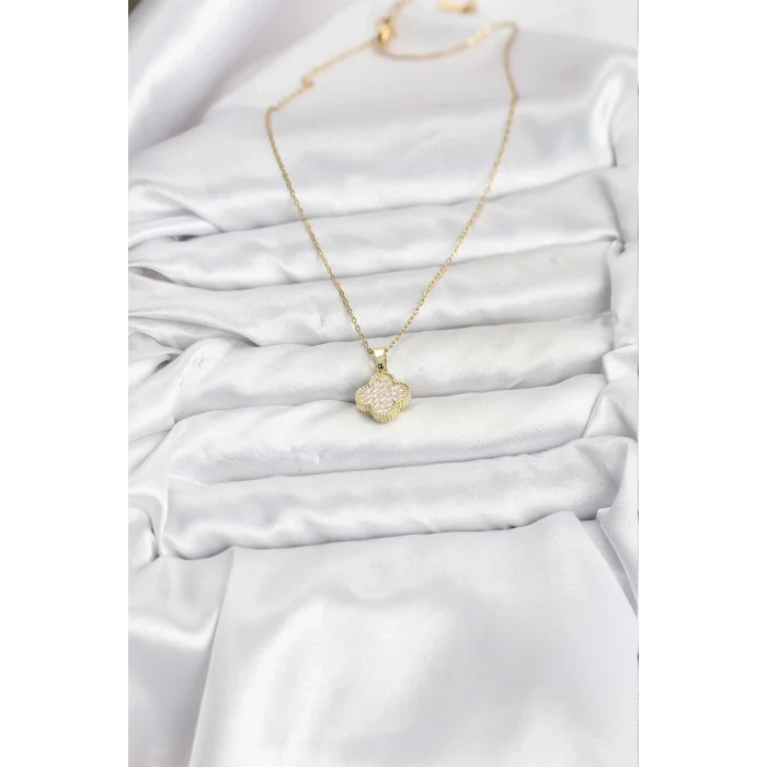 BUĞZ 316L Çelik Zincir Gold Renk Zirkon Taşlı Yonca Model Kadın Kolye