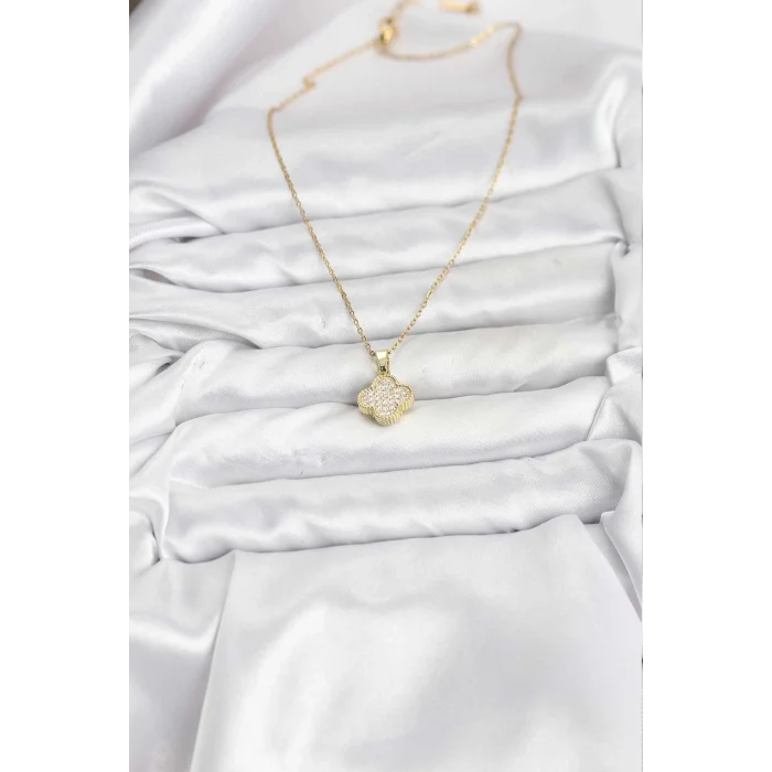 BUĞZ 316L Çelik Zincir Gold Renk Zirkon Taşlı Yonca Model Kadın Kolye - Lisinya