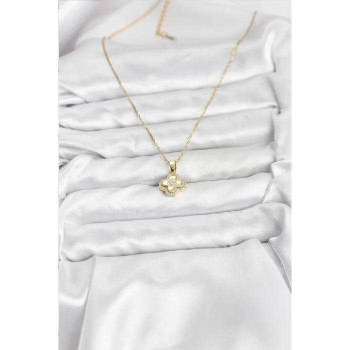 BUĞZ 316L Çelik Zincir Gold Renk Zirkon Taşlı Yonca Model Kadın Kolye - Lisinya