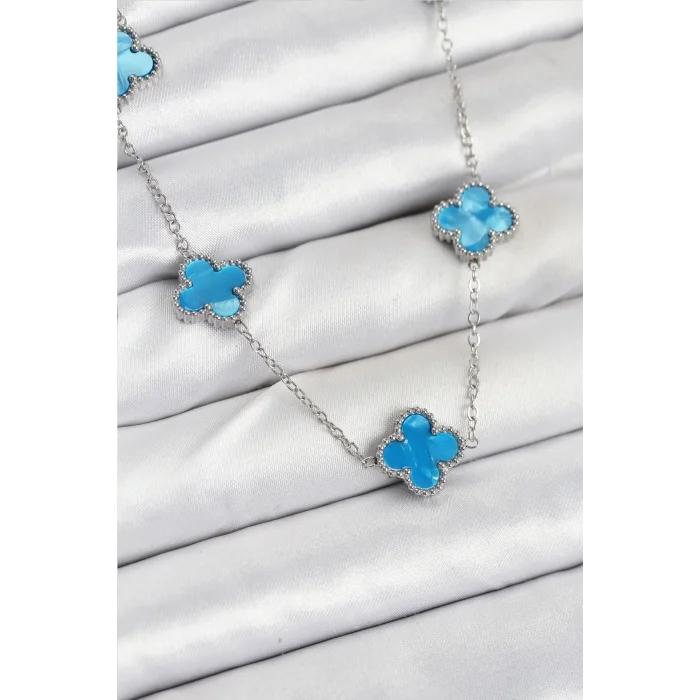 BUĞZ 316L Çelik Zincir Gümüş Buz Mavisi Renk Yonca Kadın Kolye