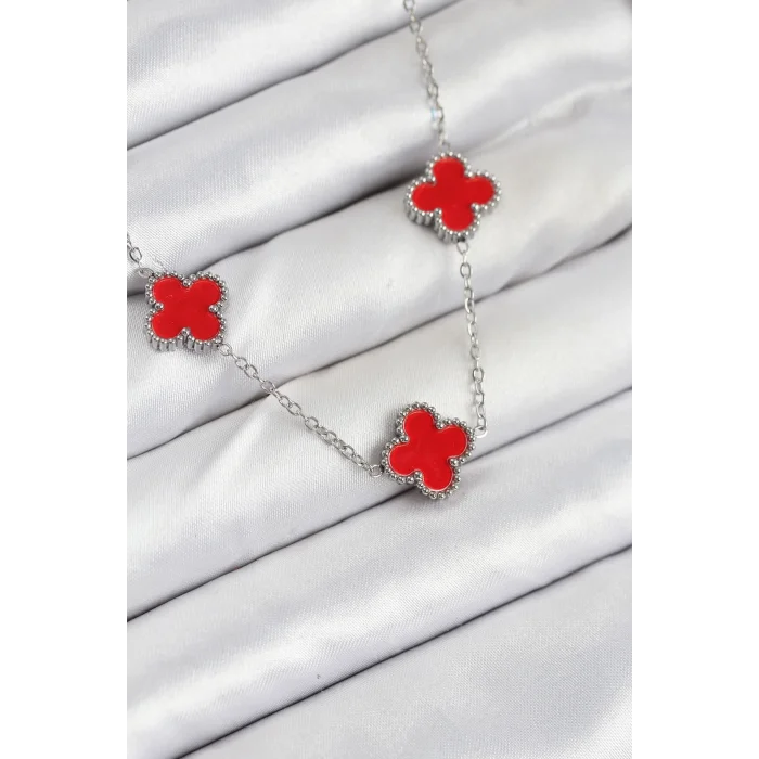 BUĞZ 316L Çelik Zincir Gümüş Kırmızı Renk Yonca Kadın Kolye