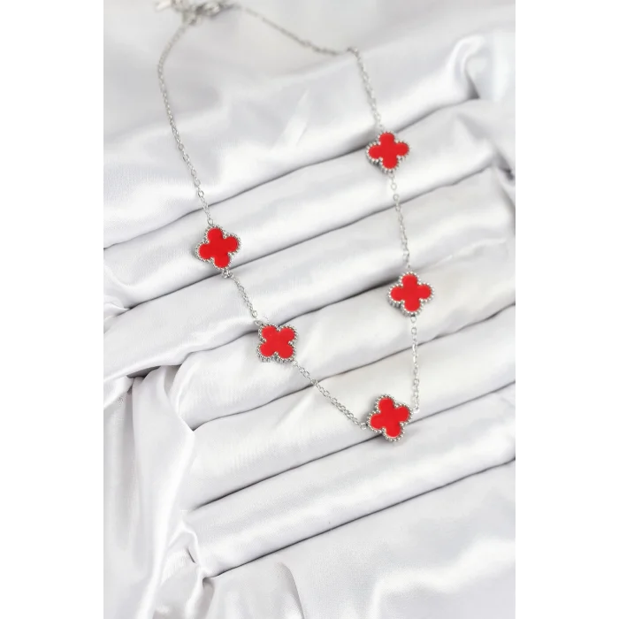 BUĞZ 316L Çelik Zincir Gümüş Kırmızı Renk Yonca Kadın Kolye