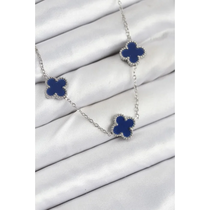 BUĞZ 316L Çelik Zincir Gümüş Lacivert Renk Yonca Kadın Kolye
