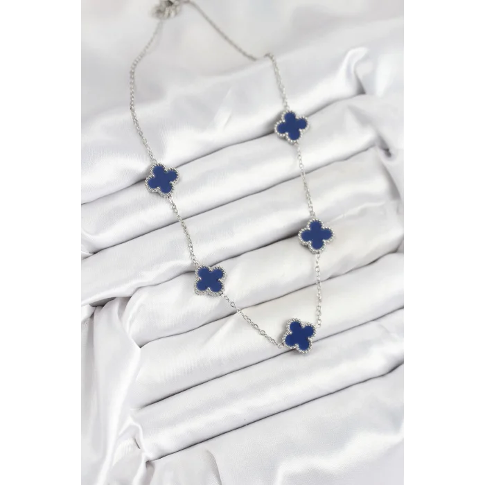 BUĞZ 316L Çelik Zincir Gümüş Lacivert Renk Yonca Kadın Kolye