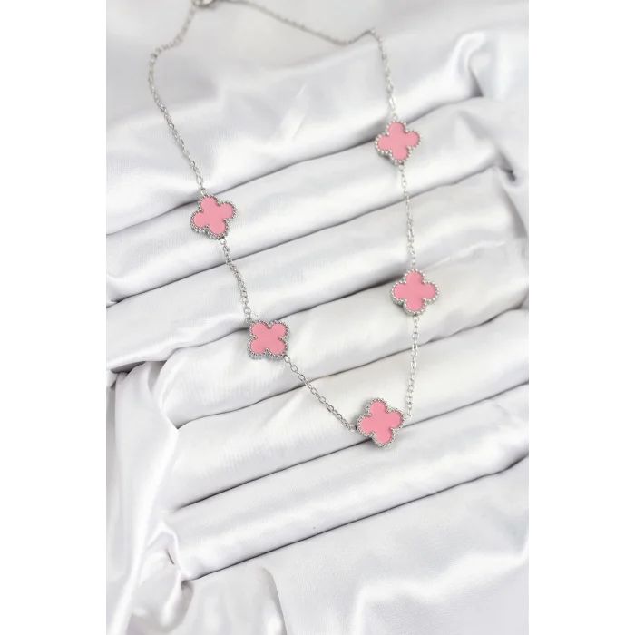 BUĞZ 316L Çelik Zincir Gümüş Pembe Renk Yonca Kadın Kolye - Lisinya