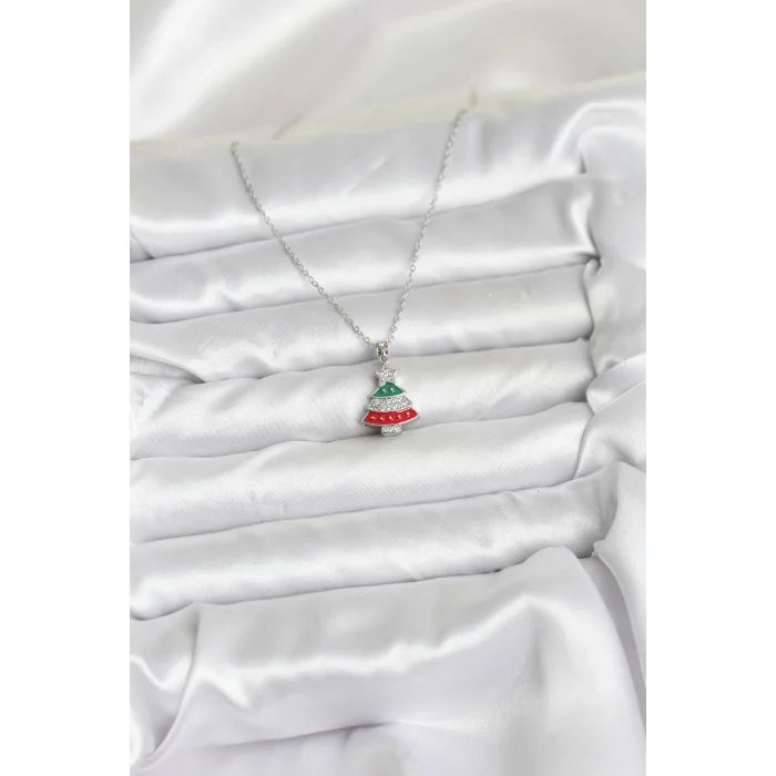 BUĞZ 316L Çelik Zincir Gümüş Ren Çam Ağacı Model Zirkon Taşlı Yılbaşı Temalı Kadın Kolye