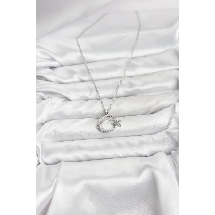 BUĞZ 316L Çelik Zincir Gümüş Renk Ay Yıldız Model Zirkon Taşlı Kadın Kolye