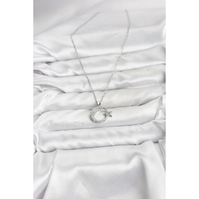 BUĞZ 316L Çelik Zincir Gümüş Renk Ay Yıldız Model Zirkon Taşlı Kadın Kolye - BUĞZ
