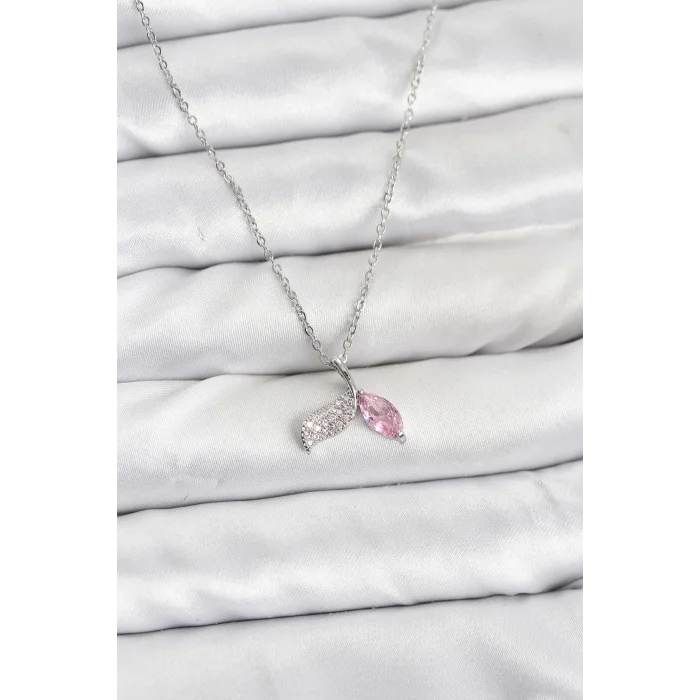 BUĞZ 316L Çelik Zincir Gümüş Renk Balık Kuyruğu Model Zirkon Taşlı Kadın Kolye