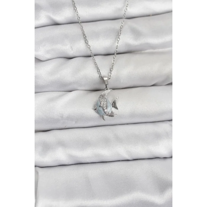 BUĞZ 316L Çelik Zincir Gümüş Renk Balık Model Zirkon Taşlı Kadın Kolye