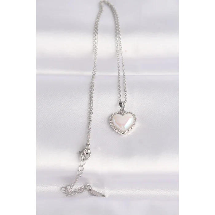 BUĞZ 316L Çelik Zincir Gümüş Renk Beyaz Taşlı Bombeli Kalp Kolye