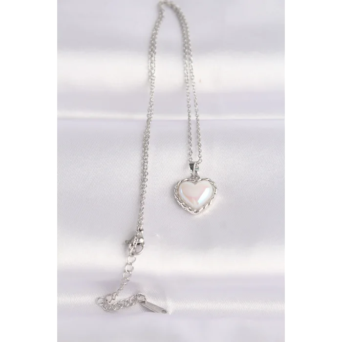 BUĞZ 316L Çelik Zincir Gümüş Renk Beyaz Taşlı Bombeli Kalp Kolye - Lisinya