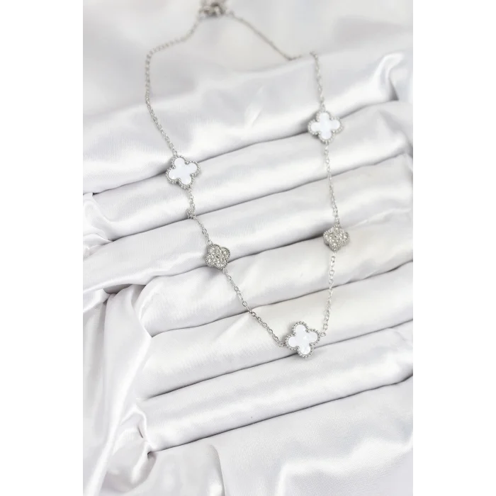 BUĞZ 316L Çelik Zincir Gümüş Renk Beyaz ve Zirkon Taşlı Yonca Kadın Kolye - Lisinya
