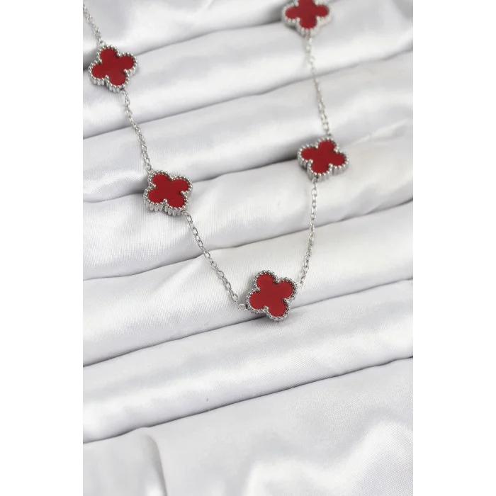 BUĞZ 316L Çelik Zincir Gümüş Renk Bordo Renk Yonca Kadın Kolye