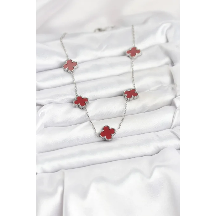 BUĞZ 316L Çelik Zincir Gümüş Renk Bordo Renk Yonca Kadın Kolye