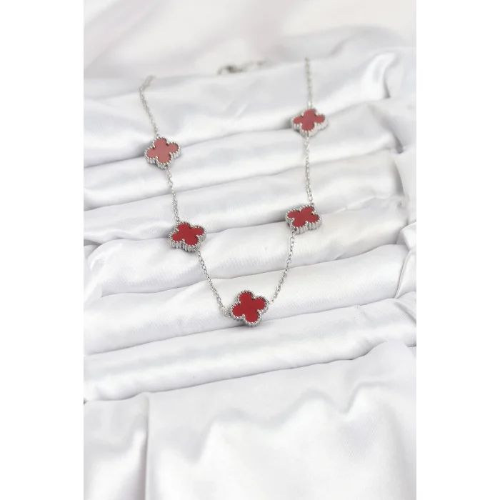 BUĞZ 316L Çelik Zincir Gümüş Renk Bordo Renk Yonca Kadın Kolye - Lisinya