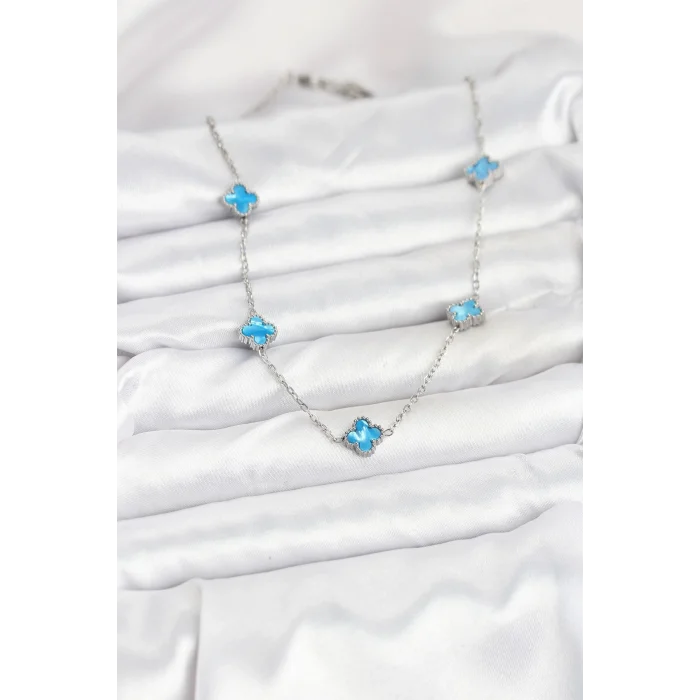 BUĞZ 316L Çelik Zincir Gümüş Renk Buz Mavisi Baby Boy Yonca Kadın Kolye