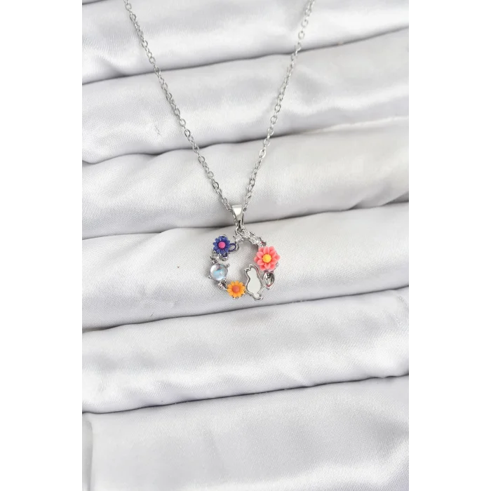 BUĞZ 316L Çelik Zincir Gümüş Renk Çiçekli Kedili Model Kadın Kolye