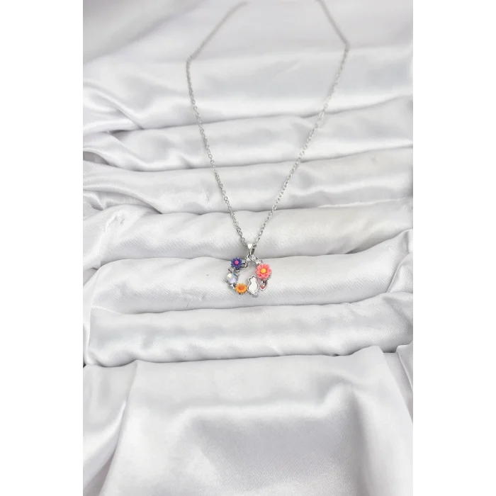 BUĞZ 316L Çelik Zincir Gümüş Renk Çiçekli Kedili Model Kadın Kolye