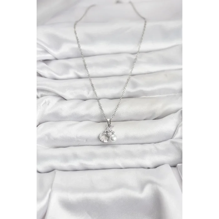 BUĞZ 316L Çelik Zincir Gümüş Renk Deniz Kabuğu ve Deniz Yıldızı Model Zirkon Taşlı Kadın Kolye