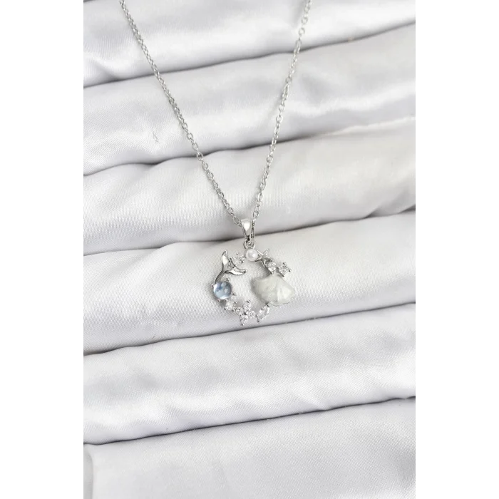 BUĞZ 316L Çelik Zincir Gümüş Renk Deniz Tema Model Zirkon Taşlı Kadın Kolye