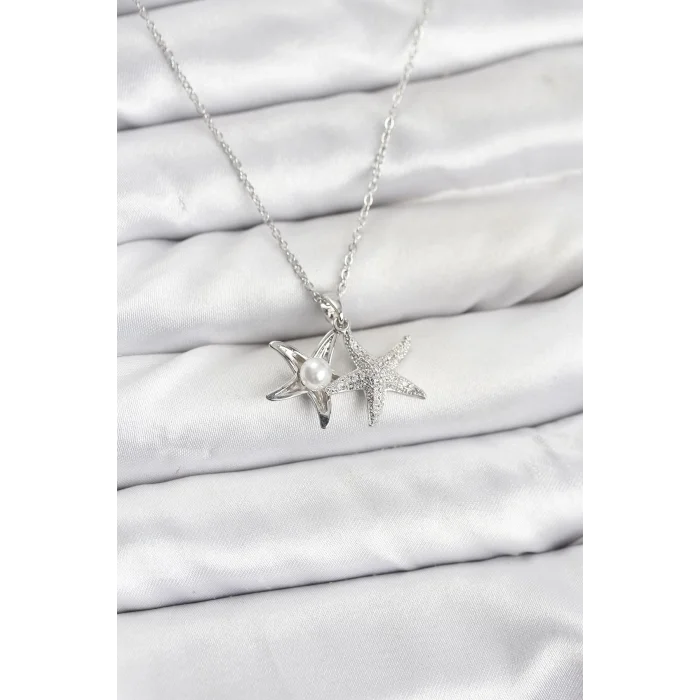 BUĞZ 316L Çelik Zincir Gümüş Renk Deniz Yıldızı Model Zirkon Taşlı Kadın Kolye