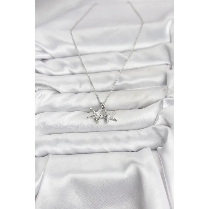 BUĞZ 316L Çelik Zincir Gümüş Renk Deniz Yıldızı Model Zirkon Taşlı Kadın Kolye