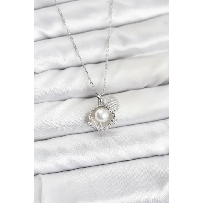 BUĞZ 316L Çelik Zincir Gümüş Renk İncili Deniz Kabuğu Model Zirkon Taşlı Kadın Kolye