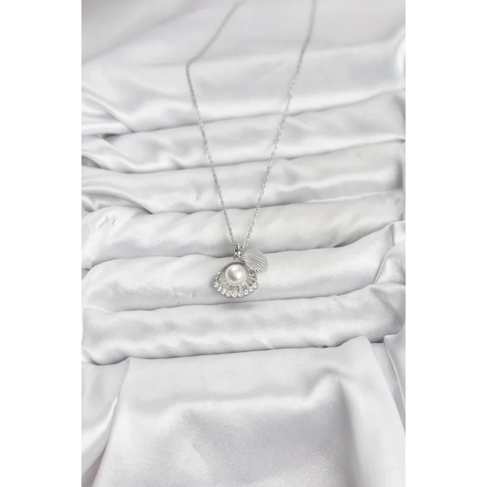 BUĞZ 316L Çelik Zincir Gümüş Renk İncili Deniz Kabuğu Model Zirkon Taşlı Kadın Kolye