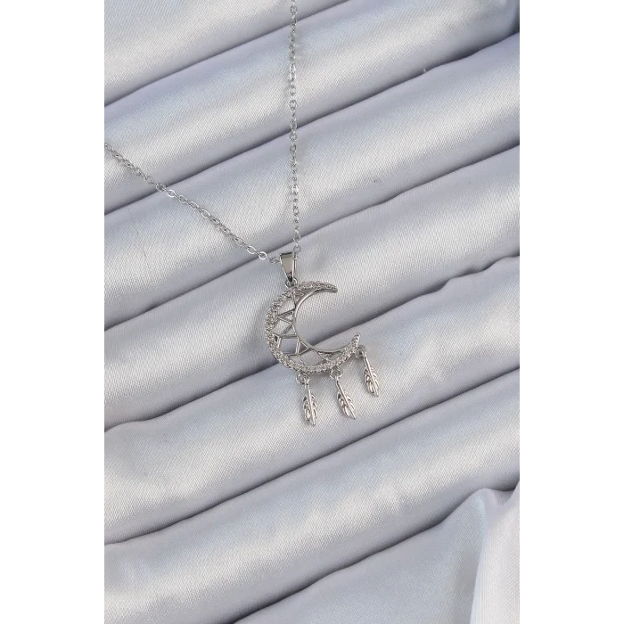 BUĞZ 316L Çelik Zincir Gümüş Renk İşlemeli Zirkon Taşlı Ay Kolye