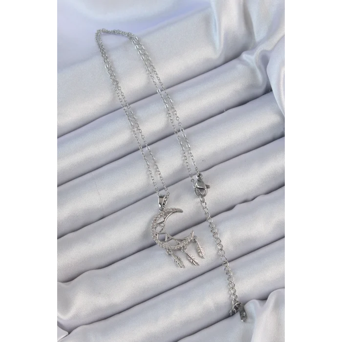 BUĞZ 316L Çelik Zincir Gümüş Renk İşlemeli Zirkon Taşlı Ay Kolye - Lisinya