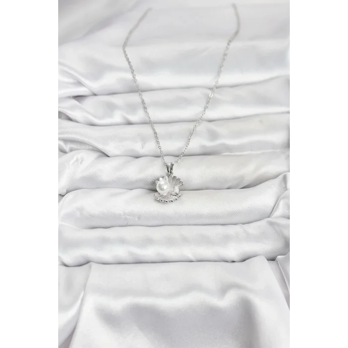 BUĞZ 316L Çelik Zincir Gümüş Renk İstiridye İnci Model Zirkon Taşlı Kadın Kolye