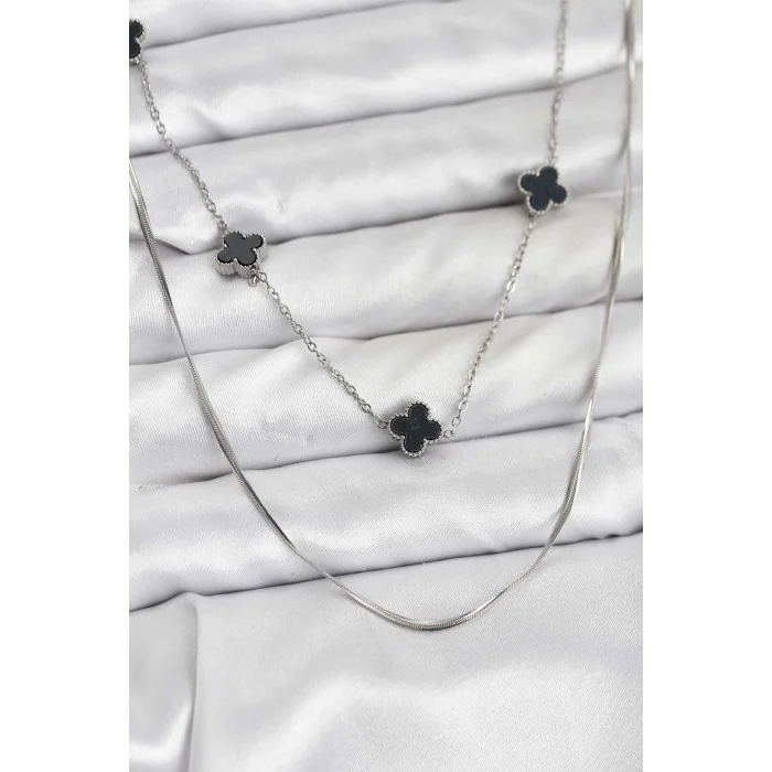 BUĞZ 316L Çelik Zincir Gümüş Renk İtalyan Zincirli Siyah Yonca Model Kadın Kolye