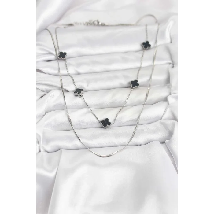 BUĞZ 316L Çelik Zincir Gümüş Renk İtalyan Zincirli Siyah Yonca Model Kadın Kolye