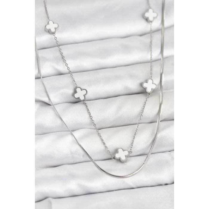 BUĞZ 316L Çelik Zincir Gümüş Renk İtalyan Zincirli Yonca Model Kadın Kolye