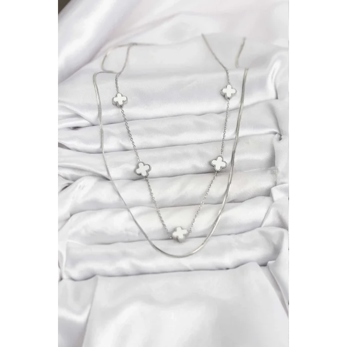 BUĞZ 316L Çelik Zincir Gümüş Renk İtalyan Zincirli Yonca Model Kadın Kolye