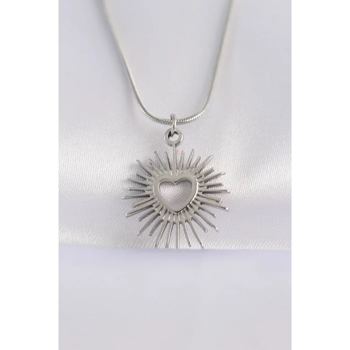 BUĞZ 316L Çelik Zincir Gümüş Renk Kalp Güneşi Tasarımlı Kolye