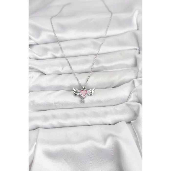 BUĞZ 316L Çelik Zincir Gümüş Renk Kanatlı Kalp Model Zirkon Taşlı Kadın Kolye