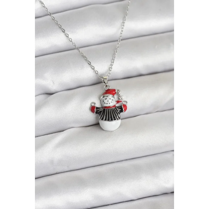 BUĞZ 316L Çelik Zincir Gümüş Renk Kardan Adam Figürlü Yılbaşı Temalı Kadın Kolye
