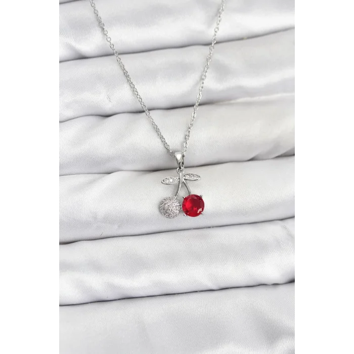 BUĞZ 316L Çelik Zincir Gümüş Renk Kiraz Model Zirkon Taşlı Kadın Kolye