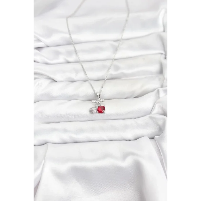 BUĞZ 316L Çelik Zincir Gümüş Renk Kiraz Model Zirkon Taşlı Kadın Kolye